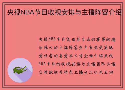 央视NBA节目收视安排与主播阵容介绍