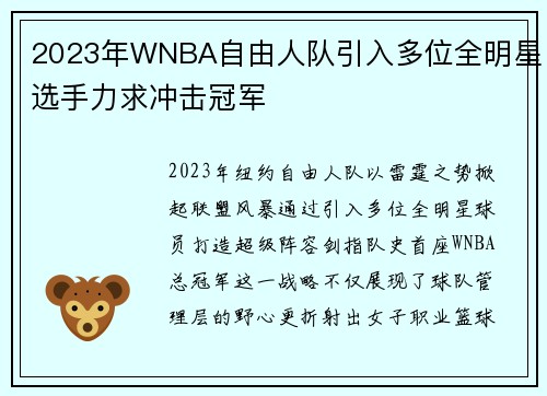 2023年WNBA自由人队引入多位全明星选手力求冲击冠军