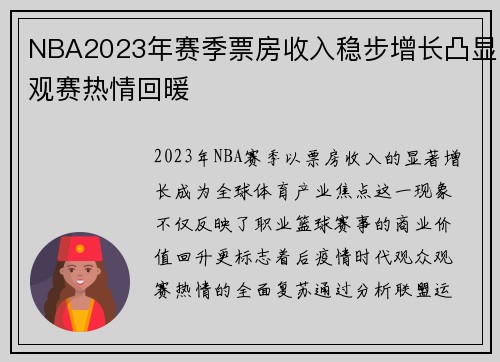 NBA2023年赛季票房收入稳步增长凸显观赛热情回暖